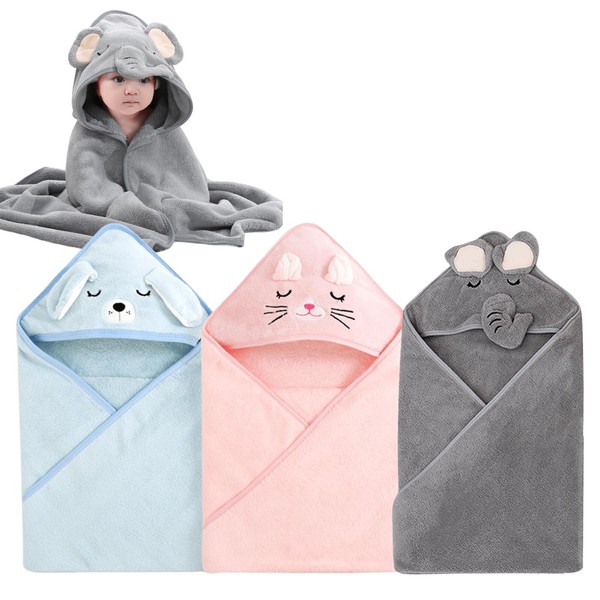 Baby Hooded Towel, First Equipment Baby Towel with Hood 80 x 80 cm, Baby Bath Towel Made of Soft Coral Fleece, Hooded Towel, Baby Bath Towel for Newborns from 0 Months to 2 Years, Pack of 3