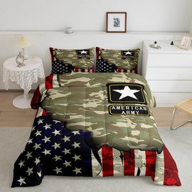 Feelyou American Flag Camo Comforter Set Queen Size Kids 4th of July Patriotic Camouflage Bedding Set for Boys Girls Men Green Military Army Comforter Breathable Duvet,1 Comforter with 2 Pillowcase