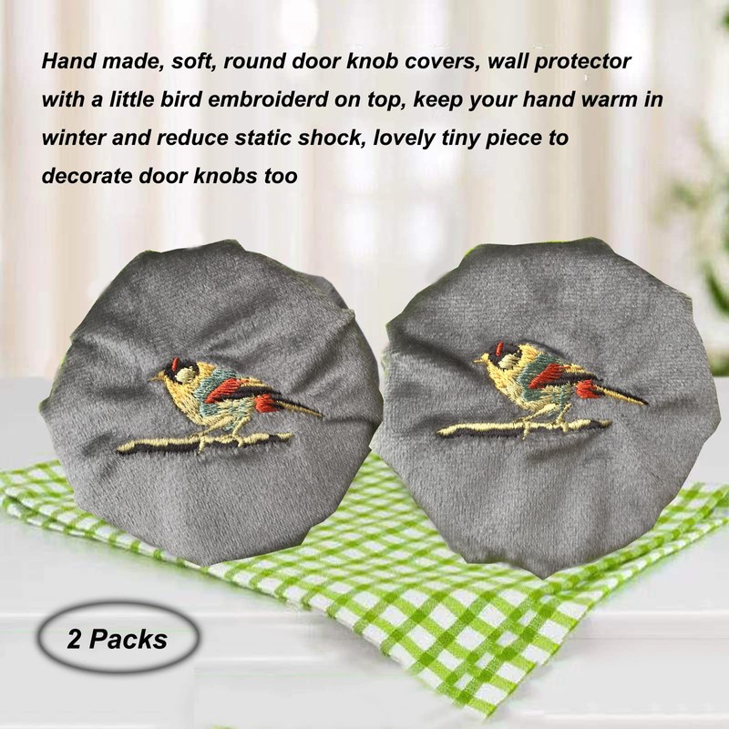 PANSHA Door Knob Cover Grey with Bird Embroidered 2 PCS,