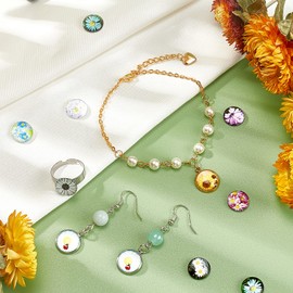 PH PandaHall 100pcs Cabochons Round Mosaic Tiles Daisy Patern Half Round Mosaic Printed Glass Dome Cabochons for Photo Pendant Jewellery Making, 12mm