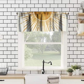 Boho Sun Valance Curtain, Mid Century Abstract Arch Modern Moon Phase Minimalist Aesthetic Gold Print Blackout Short Window Treatments for Living Room Bedroom, 54x18in