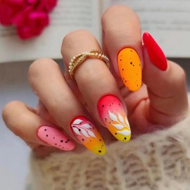 Colorful Press On Almond Shape Fake Nails with Fall Maple Leaves Designs Rainbow Gradient Full Cover Acrylic False Matte Reusable Artificial Glue on Nails for Women Girls - 24Pcs