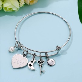 Bracelet For Women Initial Gifts - M Initial Charm Bracelets Stainless Steel Heart Moon Charm 26 Letters Alphabet Bracelet Jewelry Birthday Gifts for Adult Women Teens Girl Flower Girls Wedding Gifts