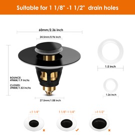 Drifop Universal Bathroom Sink Stopper, Basin Pop-up Bathroom Sink Drain Strainer, Bathroom Drain Stopper with Stainless Steel Hair Catcher for 1.1-1.5 Inch Drain(1 PCS, Black)