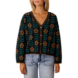 Saodimallsu Womens Floral Print V Neck Cardigan Open Front Button Down Knit Sweater Long Sleeve Loose Fashion Tops Black