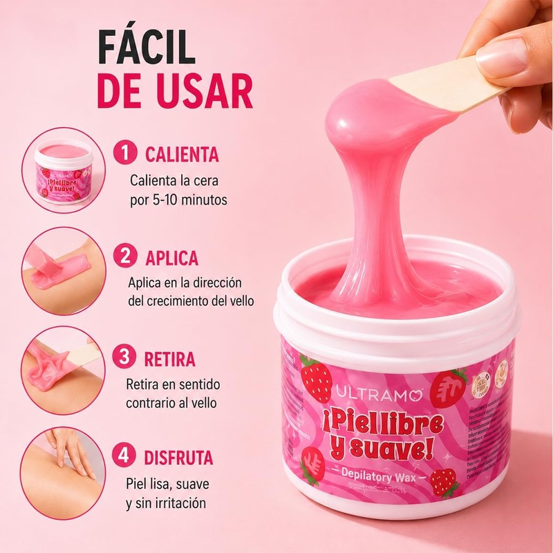 ULTRAMO Cera Depilatoria Suave Depilacion Sin Dolor (Fresa)