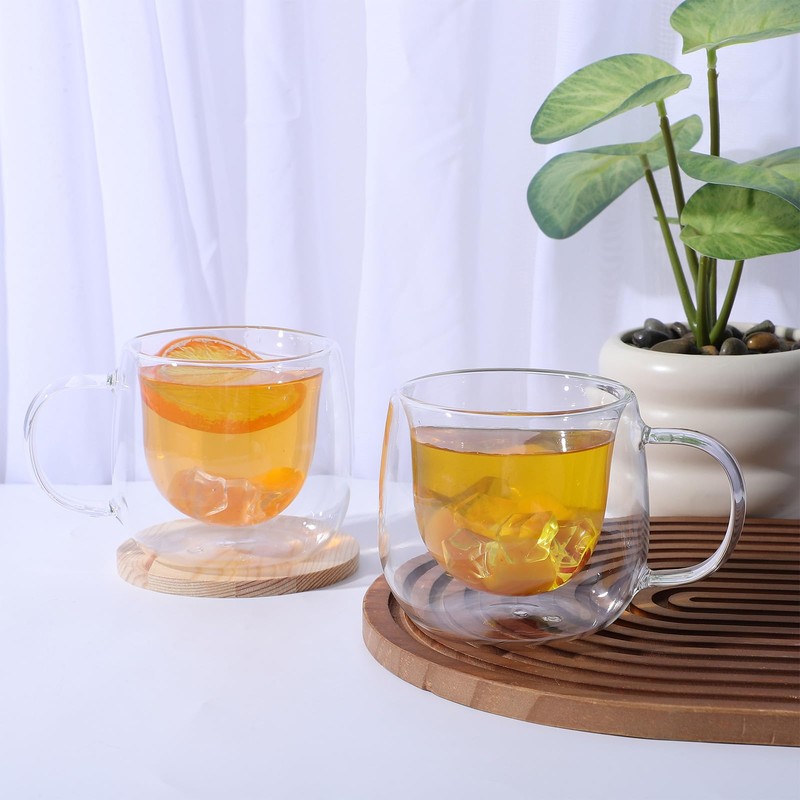 4 Pack Double Walled Glass Coffee Mugs with Handle, 10oz