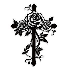 Kercan Metal Cross Wall Decor with Roses, Black Floral Wall Art, Christian Religious Home Decor for Living Room Bedroom, 12.5 x 9.4 Inch
