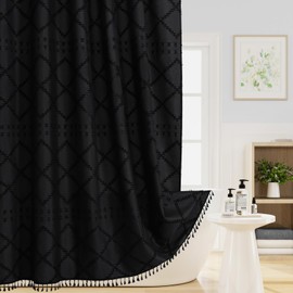 Craidlela Extra Long Black Boho Woven Fabric Shower Curtain with Tassel 72 x 84, Bohemia Tufted Chevron Striped Chic Textured, Waterproof Cloth Curtain for Bathroom, Modern Farmhouse Minimalist