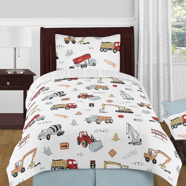 Sweet Jojo Designs Construction Truck Boy Twin Size Kid Childrens Bedding Comforter Set - 4 Pieces - Grey Yellow Orange Red and Blue Transportation Chevron Arrow