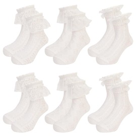 QKURT 6 Pairs Girls Frilly Ankle Socks - White Lace Ballet Sock for Kids, Perfect for Girls & Children School and Partywear, Ages 6 Months-10 Years