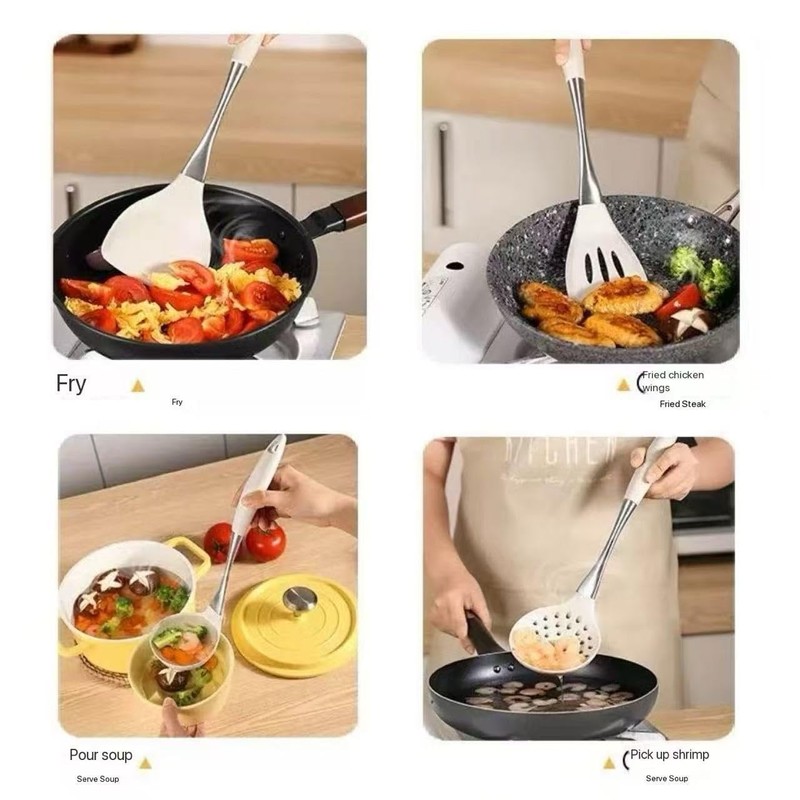 8-Piece White Kitchen Utensil Set with Gold Handles, Stainless Steel