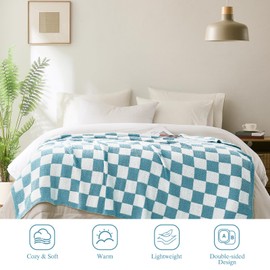 Cozzenity Checkered Throw Blanket, Light Blue Soft Cozy Fluffy Knitted Throw Blankets for Couch, Sofa, Bed, Chair, Warm Fuzzy Travel Picnic Lightweight Plaid Blanket, 50x70 inches