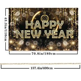 HAPPY NEW YEAR Hanging Extra Large Fabric Sign Poster Black Background Banner with Firework Pattern for New year Party Decorations