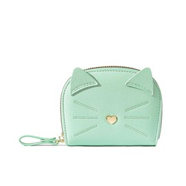 HXT-OAK Credit Card Holder Wallet, Cute Cat Small Accordion PU Leather Card Wallet, Zipper Coin Purse with 11 Card Slots for Girls and Women Green