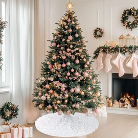 BSHSPX White Christmas Tree Skirt 60 Inches Glitter Sequin Christmas Tree Skirts Ornaments Thick Velvet Xmas Tree Skirt for Silver Sequins Christmas Tree Skirt Mat for Merry Christmas Party Decor