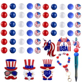 55Pcs Independence Day Silicone Focal Beads for Beaded Pens 4th of July Patriotic Silicone Spacer Loose Beads for DIY Key-Chain Jewelry Gift Making Crafts Accessories