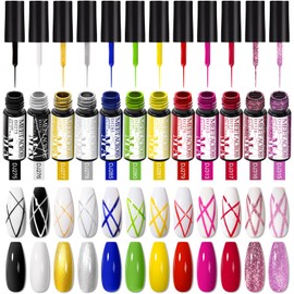 MEET ACROSS 12 Colors Liner Painting Gel Nail Polish Set Red Yellow White Black Primary Color Collection Glitter Silvery Golden Pink Drawing Gel Nail Polishes Nail Design
