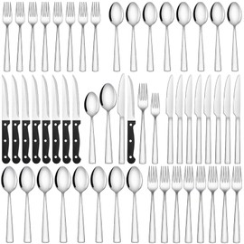 48-Piece Silverware Set, CEKEE Stainless Steel Flatware Set for 8 with Steak Knives, Mirror Polished Kitchen Utensils Set, Tableware Cutlery Set for Home, Dishwasher Safe - Spoons and Forks Set