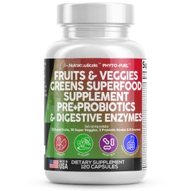 Clean Nutraceuticals Fruits and Veggies Supplement Reds & Green Superfood - Balance of Over 70 Fruit & Vegetable Supplements Capsules with Probiotics Prebiotics Digestive Enzymes - 120 Ct USA
