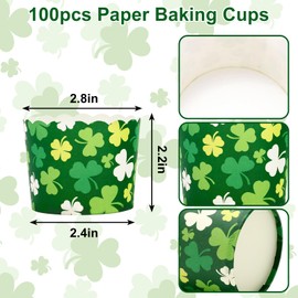 FYSUIMU 100Pcs St. Patrick's Day Paper Baking Cups Green White Shamrock Cupcake Wrappers Clover Scalloped Edge Cupcake Muffin Cases for Irish Holiday Dessert Decoration