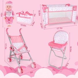 deAO Baby Doll Stroller Crib Bed Nursery Role Play Set Baby Doll Accessories and Play Mat,Travel Cot,Bouncer,Foldable Stroller and Travel Bag Birthday for Girls Boys Kids
