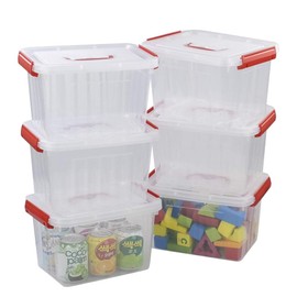 Easymanie Plastic Storage Bin with Red Handle, 6 Quart, Pack of 6