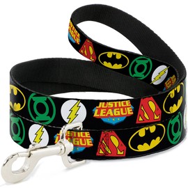 Buckle-Down Pet Leash - Justice League Superhero Logos CLOSE-UP Black - 4 Feet Long - 1" Wide