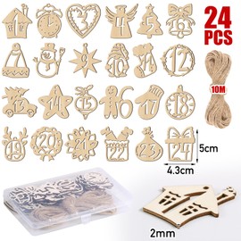 BOOMTOP 24 Advent Calendar Numbers Wooden 1-24 Advent Calendar Pendants for Crafts Christmas Wooden Numbers Christmas Tree Gift Pendant Christmas Decoration Countdown Numbers with Jute String