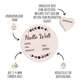 Holzura Hallo Welt Schild, Geburtsanzeige, Baby Namensschild, Neugeborenen Holz Schild, Geschenk für Mädchen und Jungen, Deko Kinderzimmer Andenken als Meilensteine
