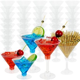 Gabaro 50 Pack Plastic Martini Glasses, 5 oz Cocktail Appetizer Dessert Shooter Cups Tall Martini Plastic Cocktail Glasses with Cocktail sticks, Perfect for Martini Margarita Party Wine and All Events