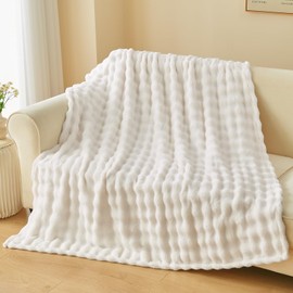 NEWCOSPLAY Twin Blanket for Couch Ivory Super Soft Flannel Fleece 3D Bubble Lightweight Bed Blanket All Season Use (Ivory, Twin(60"x80"))