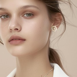 JeanBeau Pearl Flower Stud Earrings for Women, Trendy Elegant White Sunflowers Floral Cluster Hypoallergenic Earing Mother’s Day Spring Prom Fashion Jewelry Gift