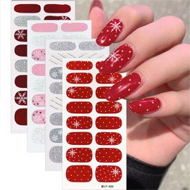 Glitter Christmas Gel Nail Strips Stickers 3D Self-Adhesive Christmas Full Nail Warps White Snowflake Nail Polish Strips Winter Nail Stickers Xmas Nail Gel Stickers for Women Holiday Manicure 4 Sheets
