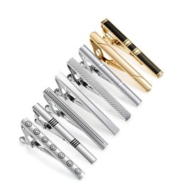 Tie Clips for Men, 8 Pcs Tie Bars Pinch Clip Set Silver Black 2.3 Inches Business Shirt Necktie Parts T0308001