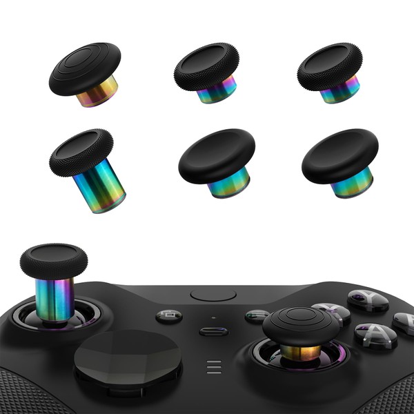 eXtremeRate 6 in 1 Metal Thumbsticks for Xbox Elite Series 2 Controller, Swap Magnetic Analog Stick Joystick Caps for Xbox Elite 2 Core Controller (Model 1797) Black & Rainbow Aura Blue Purple