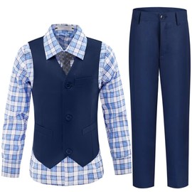 Conjunto de traje formal para niños pequeños, traje de soporte de anillos para adolescentes, niños, boda, esmoquin y comunión, Camisa a cuadros azul marino, 5