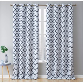 HLC.ME Lattice Print Blackout Curtains Sets for Bedroom - Winter Heat Cooling Window Coverings, Light Blocker Ring Top Drapery for Living Room, Platinum White & Navy Blue, 52 W x 84 L - 2 Panels