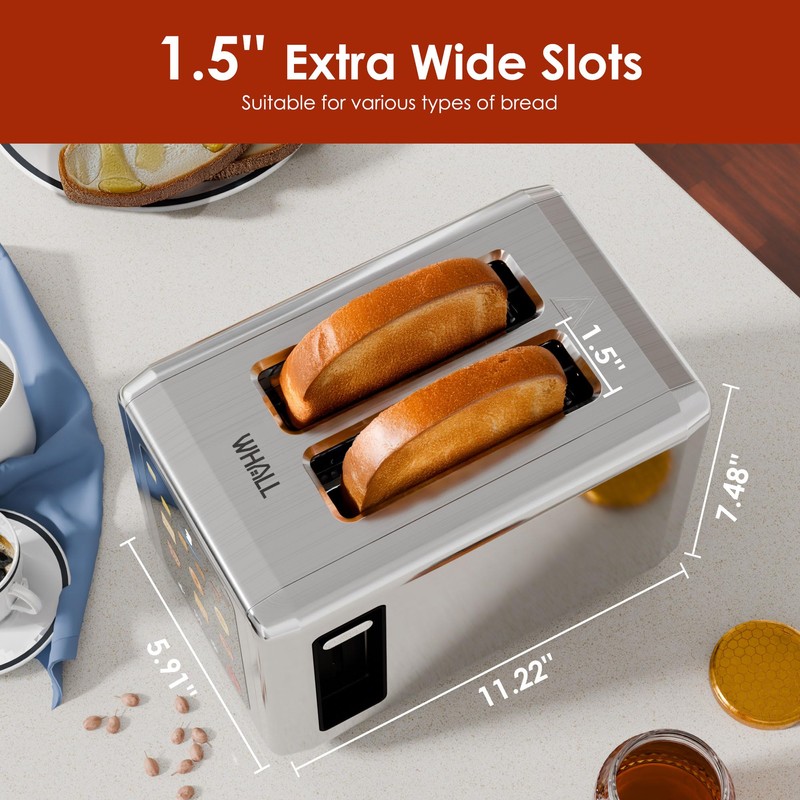 WHALL Full Touch Screen Toaster 2 Slice, 1.5'' Wide Slot
