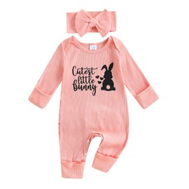Geagodelia Newborn Infant Girl Romper Baby Girls Ribbed Cotton One Piece Outfit Long Sleeve Letter Print Cute Jumpsuit Headband Set (Pink Easter Bunny, 0-3 Months)