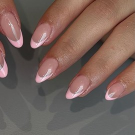 SXVME 30 Uds Rosa French Tip Press On Uñas Cortas de Almendra, Uñas Postizas Cortas En Forma de Almendra, Uñas Acrílicas En Forma de Almendra, Pegamen