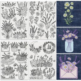 DOODLREAM 30Pcs Lavender Daisy Water Soluble Hand Sewing Stabilizers, 21 x 29.7cm Flowers Embroidery Pattern Stabilizer, 4 Sheets Stick and Stitch Embroidery Paper Sticker
