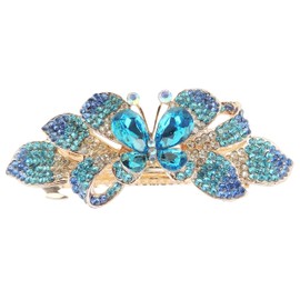 Ladies Diamante Crystal Rhinestone Gold Tone Metal Evening Occasion Hair Barrette Clip Butterfly (Turquoise)