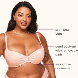 Adore Me Eira Demi Push Up Bra - 30A-46DDD Regular & Plus-Size with Satin Bow Cups, Removable Pads, & Adjustable Straps, Light Pink, 34DD