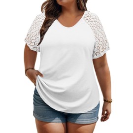 Plus Size Tops for Women Summer V Neck Loose Fit Tunic 5X Casual Raglan Lace Short Sleeve Shirts White