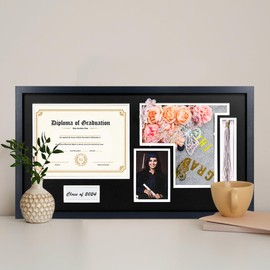 Graduation Shadow Box Frame for 8.5x11 Diploma & 4x6 Photo with Graduation Cap & Tassel Holder Class of 2025 Wood Display Case Black Over White Mat