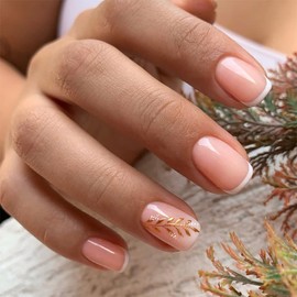 24 Pcs Nude Pink Press On Nails Short Square,YEFIUO Spring Fake Nails Press ons White French Nail Art Tips Acrylic Nail Kit Glue on Nails Full Cover False Nails with Gold Branch Design for Women