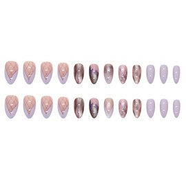24Pcs French False Nails Short，Light Purple Crystal False Nails with Glue Removable Stick on Nails for Women Girls Nail Art Accessories
