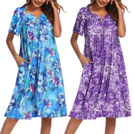 Ekouaer 2 Pack House Dresses for Women with Pockets Short Sleeve Moo Moos Floral Print Mumu Dresses