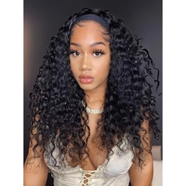 Julia Hair 12A Headband Human Hair Wigs Water Wave None Lace Front Glueless Wig With Pre-attached Scarf for Black Women Curly Deep Wave Put and Go Wig Natural Beginner-Friendly 20 Inch